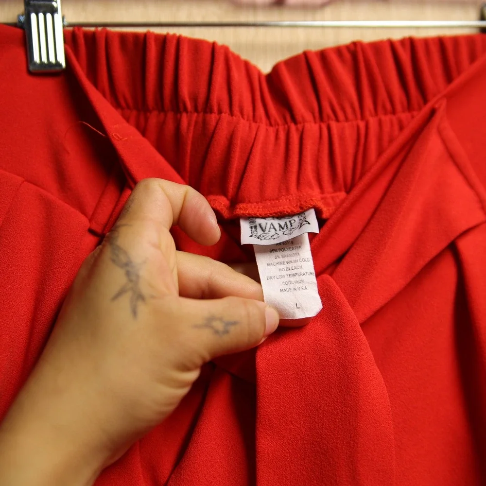 Vamp Red Wide Leg Pants High Waisted Tie Waist Flare Trousers Made in USA Office